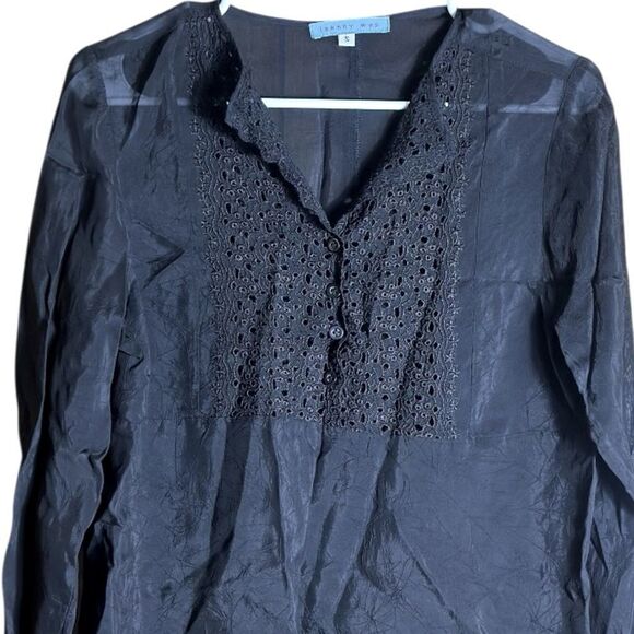 Johnny Was Black Crinkle Eyelet Sheer Blouse Long Sleeve Size Small 📦 - Picture 6 of 8